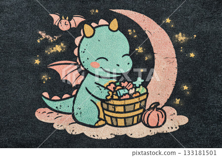 Cute dragon illustration with basket of treats and Halloween elements in a whimsical night scene 133181501
