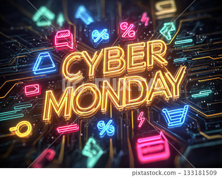 Cyber Monday promotional graphic with neon lights and digital elements for online shopping excitement 133181509