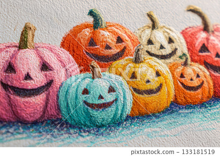 Colorful Halloween pumpkins with smiling faces arranged in a playful festive display Colorful Halloween pumpkins with smiling faces arranged in a playful festive display 133181519