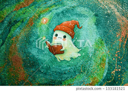 Cute ghost character reading a book in a whimsical, colorful Halloween-themed illustration Cute ghost character reading a book in a whimsical, colorful Halloween-themed illustration 133181521