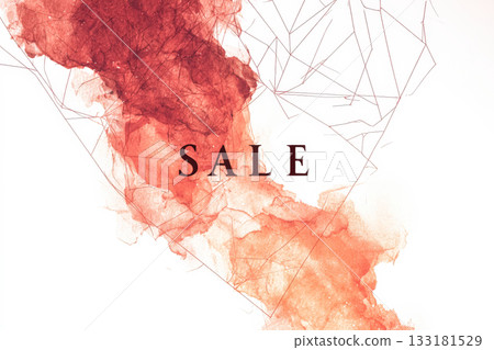 Abstract watercolor illustration with vibrant red hues and geometric lines featuring sale text 133181529