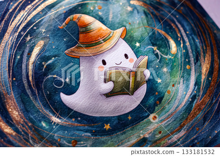 Cute ghost character reading a book in a whimsical starry night illustration for Halloween concept Cute ghost character reading a book in a whimsical starry night illustration for Halloween concept 133181532