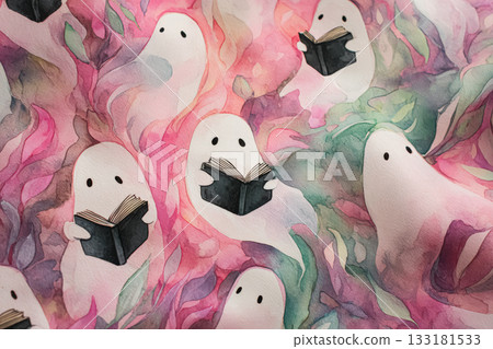 Whimsical ghost characters reading books in a colorful watercolor illustration for Halloween concept 133181533