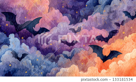 Watercolor illustration of bats flying through colorful clouds for Halloween concept 133181534