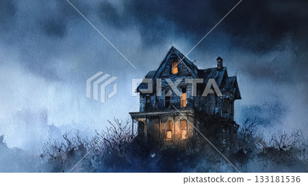 Haunted house illustration with glowing windows and eerie atmosphere for Halloween concept 133181536