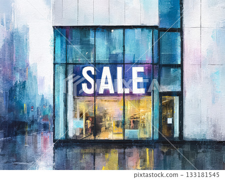 Colorful storefront with large sale sign, reflecting in wet pavement during rainy weather 133181545