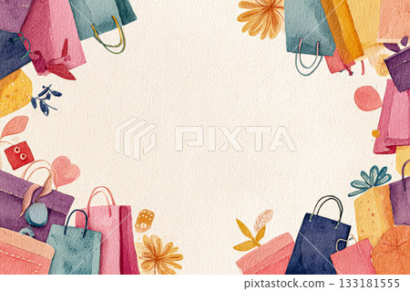 Colorful watercolor shopping bags with floral elements and ample copy space for design Colorful watercolor shopping bags with floral elements and ample copy space for design 133181555