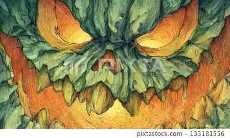 Spooky green pumpkin illustration with glowing eyes and jagged teeth for Halloween concept Spooky green pumpkin illustration with glowing eyes and jagged teeth for Halloween concept 133181556