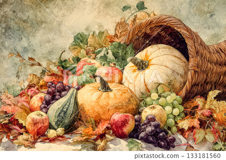 Harvest cornucopia overflowing with colorful fruits and vegetables for Thanksgiving celebration 133181560
