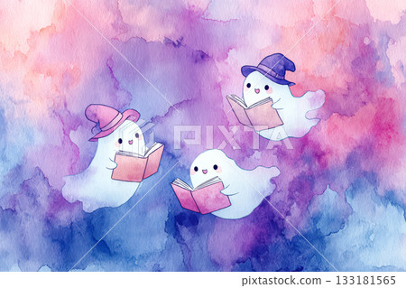 Playful ghosts reading books in whimsical watercolor illustration for Halloween concept Playful ghosts reading books in whimsical watercolor illustration for Halloween concept 133181565