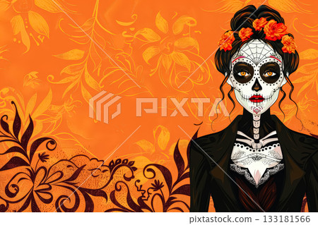 Colorful illustration of a female skeleton adorned with flowers and intricate patterns on vibrant background Colorful illustration of a female skeleton adorned with flowers and intricate patterns on vibrant background 133181566