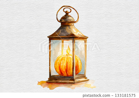 Lantern with glowing pumpkin inside, creating warm ambiance for autumn harvest celebration Lantern with glowing pumpkin inside, creating warm ambiance for autumn harvest celebration 133181575
