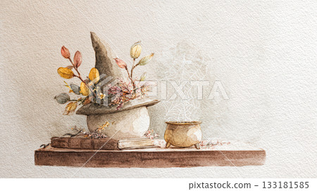 Witch hat adorned with autumn leaves and a cauldron on a wooden shelf with copy space 133181585