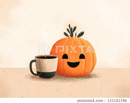 Happy pumpkin character next to steaming coffee cup on a warm autumn background Happy pumpkin character next to steaming coffee cup on a warm autumn background 133181596