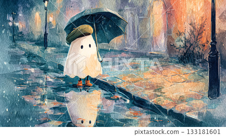 Whimsical ghost character with umbrella standing on a rainy street in a charming autumn setting Whimsical ghost character with umbrella standing on a rainy street in a charming autumn setting 133181601