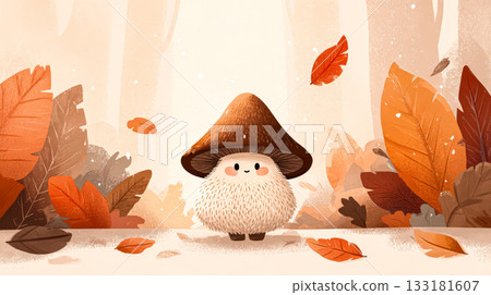 Cute mushroom character in autumn forest with falling leaves and warm seasonal colors Cute mushroom character in autumn forest with falling leaves and warm seasonal colors 133181607