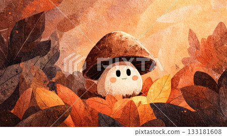 Cute mushroom character surrounded by colorful autumn leaves in a whimsical harvest scene 133181608