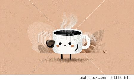 Cute cartoon coffee cup character holding a small cup with steam on a warm background 133181613