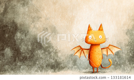Orange cat with bat wings in whimsical Halloween illustration featuring soft textures and muted colors 133181614