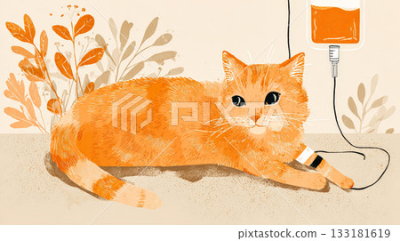 Orange cat receiving treatment with IV in a cozy, illustrated environment surrounded by plants Orange cat receiving treatment with IV in a cozy, illustrated environment surrounded by plants 133181619