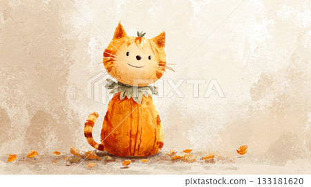 Cute cat illustration dressed as pumpkin for Halloween celebration with autumn leaves Cute cat illustration dressed as pumpkin for Halloween celebration with autumn leaves 133181620
