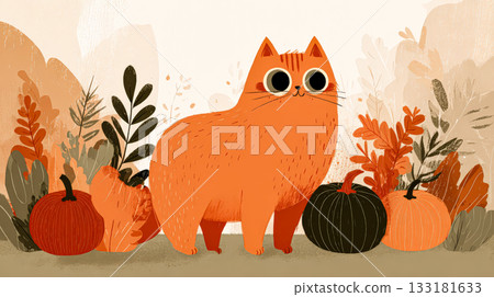 Orange cat surrounded by autumn leaves and pumpkins in a whimsical harvest illustration 133181633