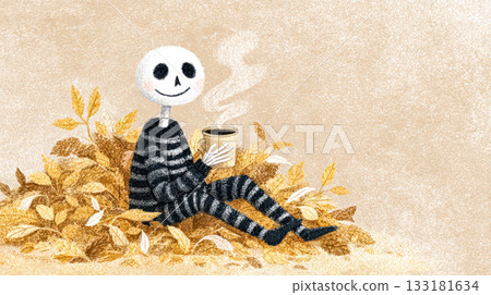 Skeleton character sitting in autumn leaves, enjoying a warm drink in a cozy Halloween setting Skeleton character sitting in autumn leaves, enjoying a warm drink in a cozy Halloween setting 133181634
