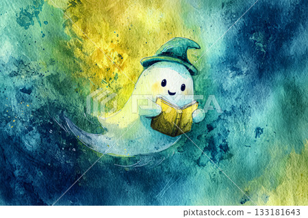Cute ghost character reading a book in a whimsical watercolor illustration for Halloween theme Cute ghost character reading a book in a whimsical watercolor illustration for Halloween theme 133181643
