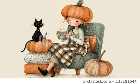 Girl with pumpkin hat enjoying warm drink on cozy chair surrounded by Halloween decorations Girl with pumpkin hat enjoying warm drink on cozy chair surrounded by Halloween decorations 133181644