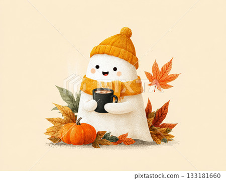 Cute ghost character in cozy scarf holding warm drink surrounded by autumn leaves and pumpkins Cute ghost character in cozy scarf holding warm drink surrounded by autumn leaves and pumpkins 133181660