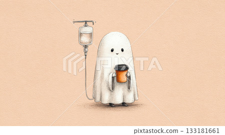 Cute ghost character holding coffee cup with IV drip in whimsical Halloween illustration 133181661