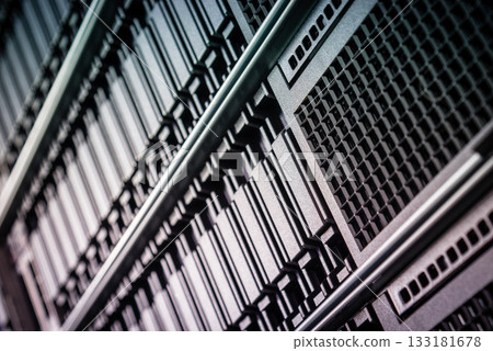 cluster of data storage SSD hard drives inside server rack 133181678