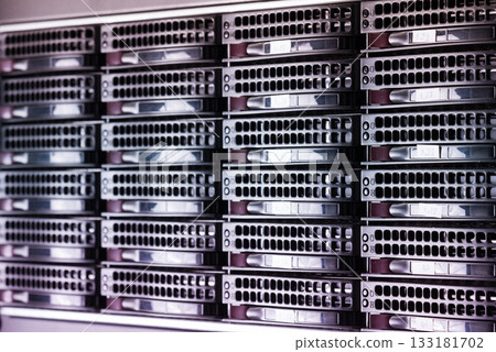 Array of data storage hard drives in internet data center 133181702