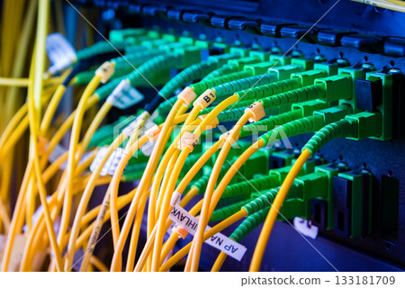 fiber optic cables connected into main data switch fiber optic cables connected into main data switch 133181709