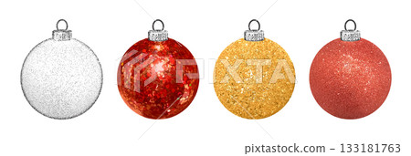 Vector illustration of four sparkling Christmas ornaments in glitter and stipple textures 133181763