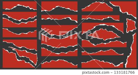 Ripped paper pieces isolated on dark background. Realistic red torn edges paper for scrapbooking and template design. Textured teared sheet for banner and collage. Vintage vector set Ripped paper pieces isolated on dark background. Realistic red torn edges paper for scrapbooking and template design. Textured teared sheet for banner and collage. Vintage vector set 133181766
