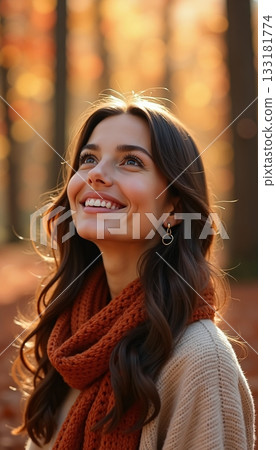 The woman is wearing a beige or cream colored knitted sweater The woman is wearing a beige or cream colored knitted sweater 133181774