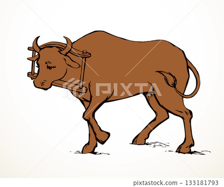 Vector drawing. Old wooden yoke on the cow Vector drawing. Old wooden yoke on the cow 133181793