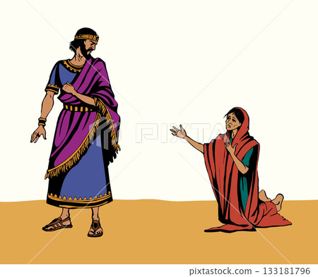 A starving woman asks for help. Vector drawing 133181796