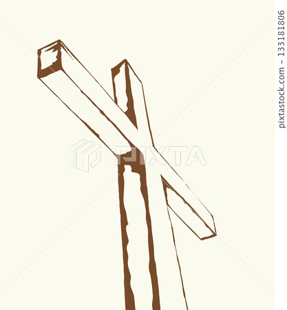 Wooden cross on sky background. Vector drawing 133181806