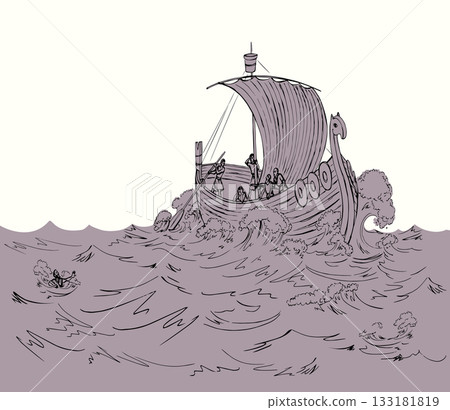 Vector drawing. Sailors on a ship in a storm 133181819