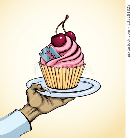 Vector drawing. The hand offers a treacherous treat Vector drawing. The hand offers a treacherous treat 133181828