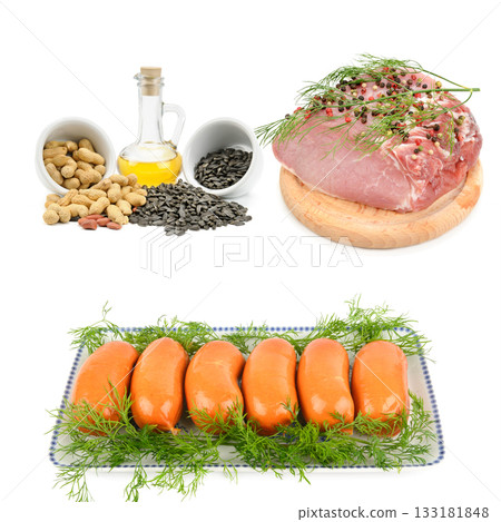 Food Collage: Meat, Oil, Nuts, Seeds, and Prepared Sausages 133181848