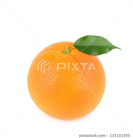Single Fresh Orange with a Bright Green Leaf on White Single Fresh Orange with a Bright Green Leaf on White 133181850