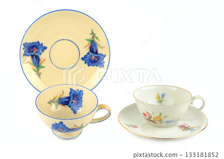 Vintage Porcelain Tea Set with Blue and Floral Patterns 133181852