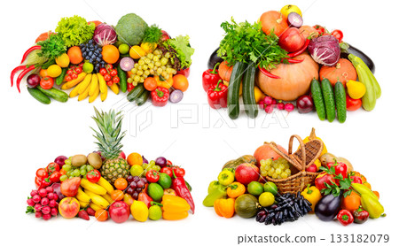 Various Fresh Fruits Vegetables and Berries Arrangement Isolated on White Background Various Fresh Fruits Vegetables and Berries Arrangement Isolated on White Background 133182079