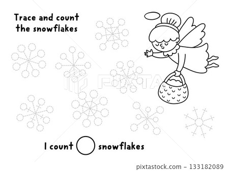 Christmas black and white counting, drawing game with angel sprinkling snowflakes. New Year line math and tracing activity. Simple sums winter holiday printable worksheet, coloring page for kid Christmas black and white counting, drawing game with angel sprinkling snowflakes. New Year line math and tracing activity. Simple sums winter holiday printable worksheet, coloring page for kid 133182089