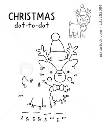 Christmas vector dot-to-dot and color activity with cute deer. Black and white New Year connect the dots game for children with holiday symbol. Winter line printable worksheet Christmas vector dot-to-dot and color activity with cute deer. Black and white New Year connect the dots game for children with holiday symbol. Winter line printable worksheet 133182094