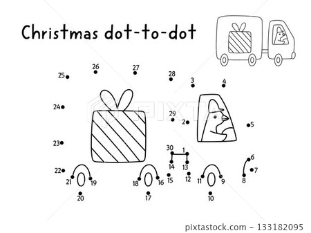 Christmas vector dot-to-dot and color activity with cute goose on truck with presents. Black and white New Year connect dots game for children with holiday symbol. Winter line printable worksheet 133182095