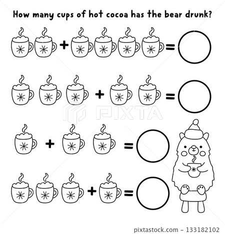 Counting black and white game with Christmas drink mug. New Year math addition line activity. Simple sums winter holiday printable worksheet, coloring page for kids with bear drinking cocoa cup Counting black and white game with Christmas drink mug. New Year math addition line activity. Simple sums winter holiday printable worksheet, coloring page for kids with bear drinking cocoa cup 133182102